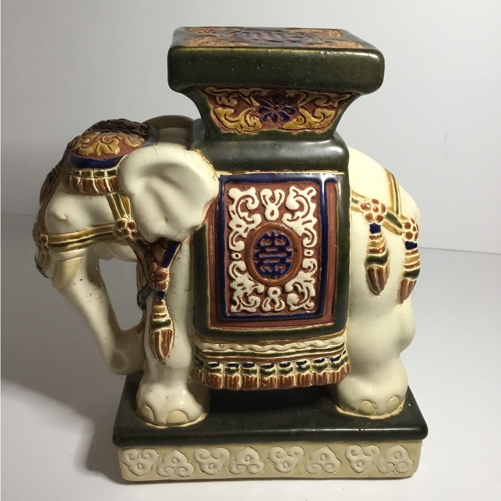 Vintage Ceramic Glazed Elephant Statue Plant Stand Book End